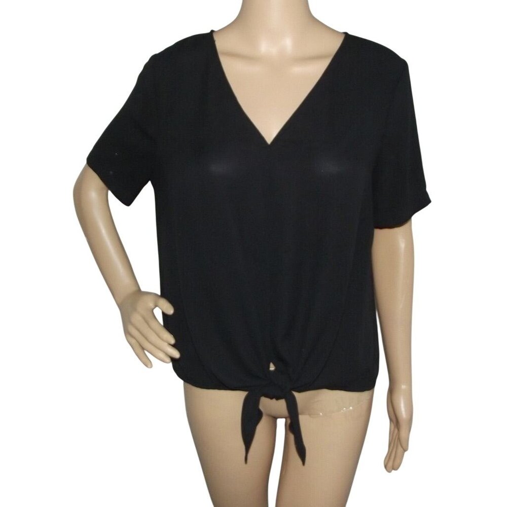 Madewell Top Womens Size Medium Black Tie Front v-neck short sleeve blouse